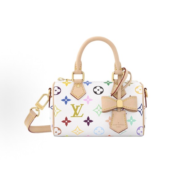 LOUIS VUITTON x Takashi Murakami collaboration NANO SPEEDY White tricolor gold, hardware accessories, Boston bag, single-shoulder handbag, super mini, white and light brown