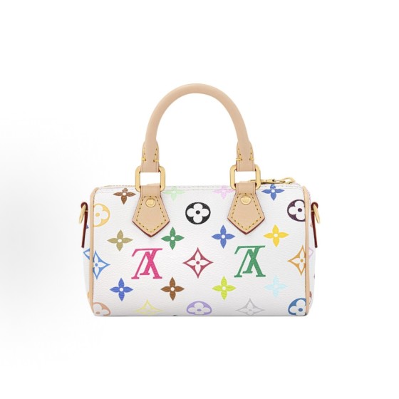 LOUIS VUITTON x Takashi Murakami collaboration NANO SPEEDY White tricolor gold, hardware accessories, Boston bag, single-shoulder handbag, super mini, white and light brown