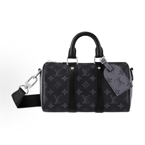 LOUIS VUITTON keepall 25 Black Knight Monogram Adjustable Shoulder strap crossbody handbag in black and grey