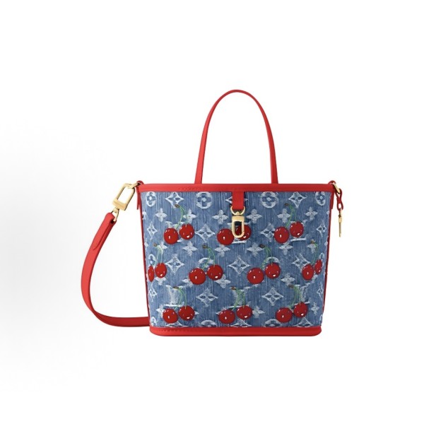 LOUIS VUITTON x Takashi Murakami NEVERFULL INSIDE OUT BB Cherry Series Monogram denim single-shoulder crossbody handbag, small, blue and red