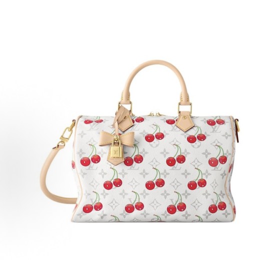 LOUIS VUITTON x Takashi Murakami SPEEDY SOFT BANDOULIERE 30 Cherry Series Monogram Cherry single-shoulder crossbody handbag in white