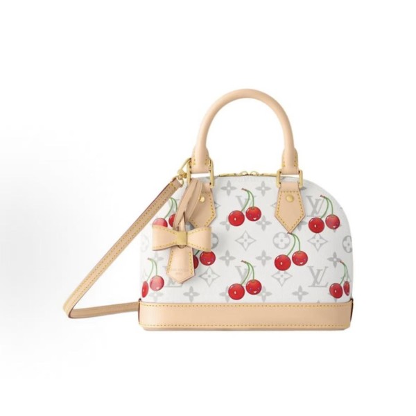 LOUIS VUITTON x Takashi Murakami Alma BB Cherry Series Monogram Cherry coated Canvas shell Bag Handbag, small size, white and beige