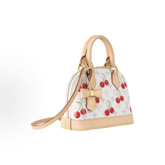 LOUIS VUITTON x Takashi Murakami Alma BB Cherry Series Monogram Cherry coated Canvas shell Bag Handbag, small size, white and beige