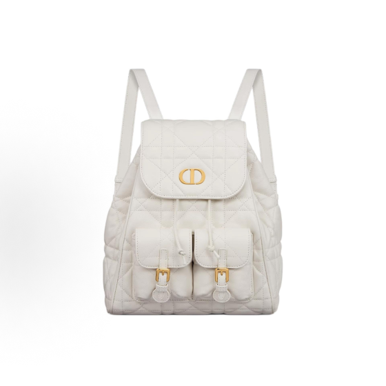 DIOR Caro adjustable shoulder strap flap drawstring opening and closing backpack, medium size for women, white