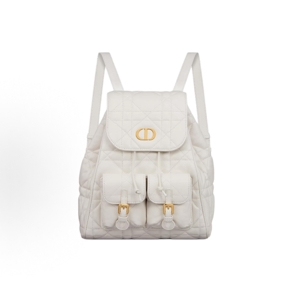 DIOR Caro adjustable shoulder strap flap drawstring opening and closing backpack, medium size for women, white