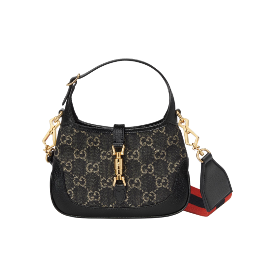 GUCCI Jackie 1961 Golden lock, monogram, full-print fabric leather, extended shoulder strap, half-moon underarm bag, shoulder bag, crossbody bag, mini women\'s style, black