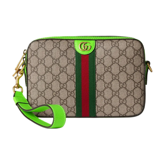 GUCCI Ophidia Double G logo zipper opening canvas bag, single-shoulder crossbody bag, small men\'s style, beige, ebony and fluorescent green