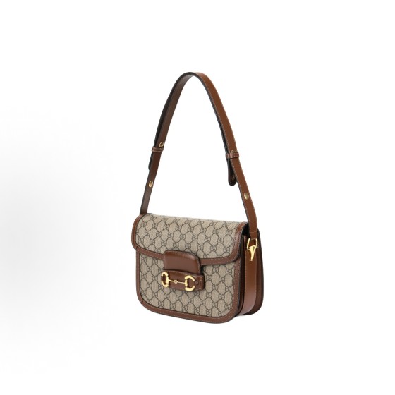 GUCCI Horsebit 1955 monogram Logo saddle bag, hand-held crossbody single-shoulder bag, small size, unisex, ebony color with brown