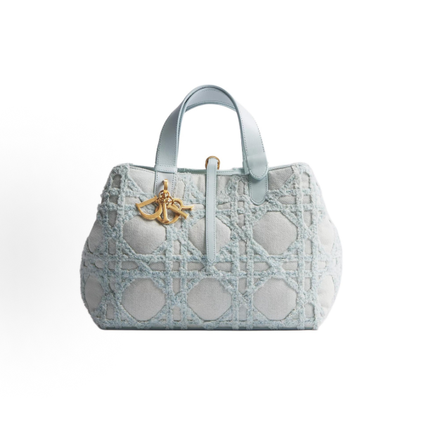 DIOR Toujours three-check rattan embroidery design handbag, medium-sized for women in blue
