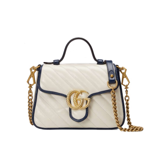 GUCCI GG Marmont series Marmont Gold Logo color block trim chain messenger bag, hand-held crossbody single-shoulder bag, mini women\'s style, white and blue