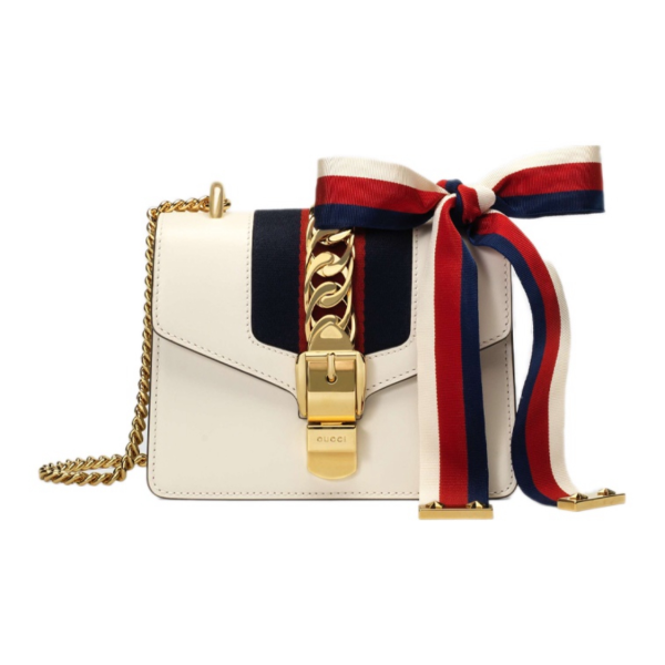 GUCCI Sylvie gold buckle striped webbed satin bow chain Versatile recommendation: Mini women\'s crossbody bag in white