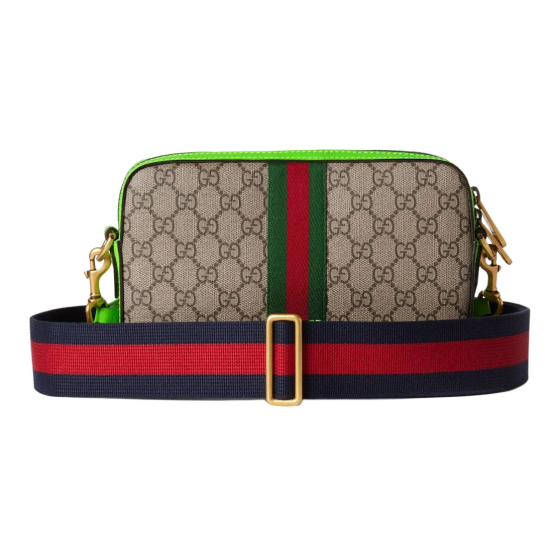 GUCCI Ophidia Double G logo zipper opening canvas bag, single-shoulder crossbody bag, small men\'s style, beige, ebony and fluorescent green