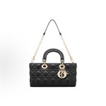 DIOR Lady D-Joy light gold metal brand pendant, adjustable and detachable shoulder strap, Toffee bag, single-shoulder bag, medium-sized handbag, black for women