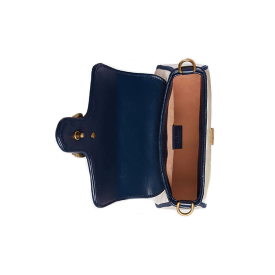 GUCCI GG Marmont series Marmont Gold Logo color block trim chain messenger bag, hand-held crossbody single-shoulder bag, mini women\'s style, white and blue