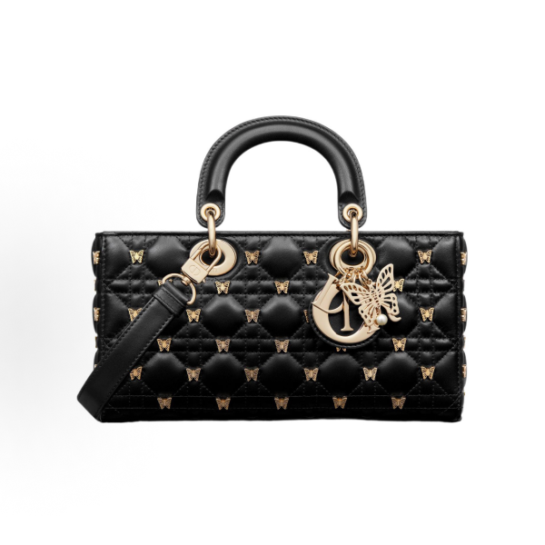 DIOR Lady D-Joy detachable and adjustable shoulder strap butterfly rivet-decorated Princess bag, single-shoulder crossbody handbag, medium size for women, black