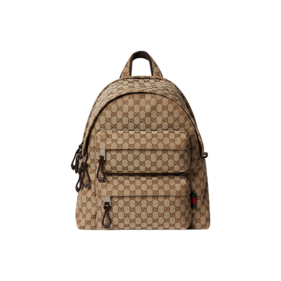 A medium-sized men\'s GUCCI embossed logo zipper opening backpack in beige and ebony