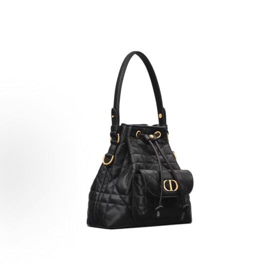 DIOR Caro metal hardware CD logo bucket single-shoulder crossbody handbag mini Women\'s black