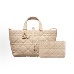 DIOR Toujours, a medium-sized women\'s handbag with a light gold finish, metal logo, pendant and buckle, in pink and beige