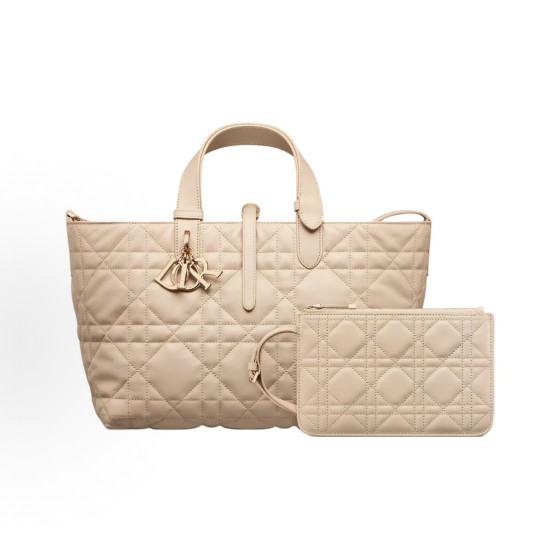 DIOR Toujours, a medium-sized women\'s handbag with a light gold finish, metal logo, pendant and buckle, in pink and beige