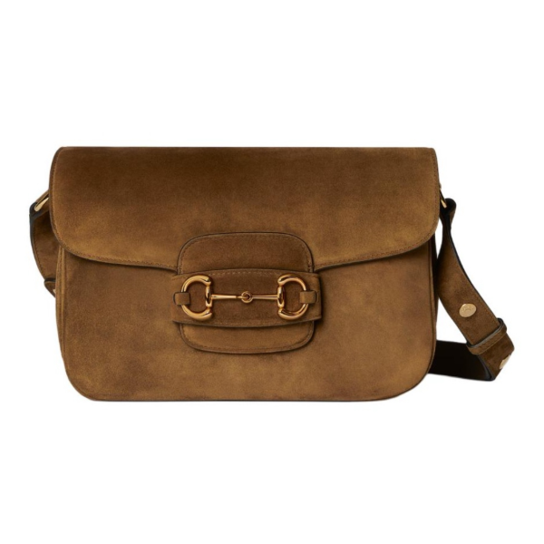 GUCCI Horsebit 1955 finished double-ring and bar hardware single-shoulder bag, small size for women, brown