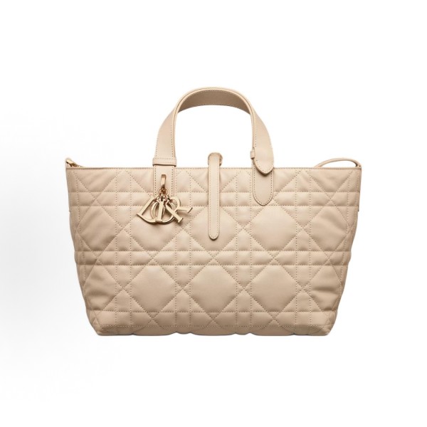 DIOR Toujours, a medium-sized women\'s handbag with a light gold finish, metal logo, pendant and buckle, in pink and beige