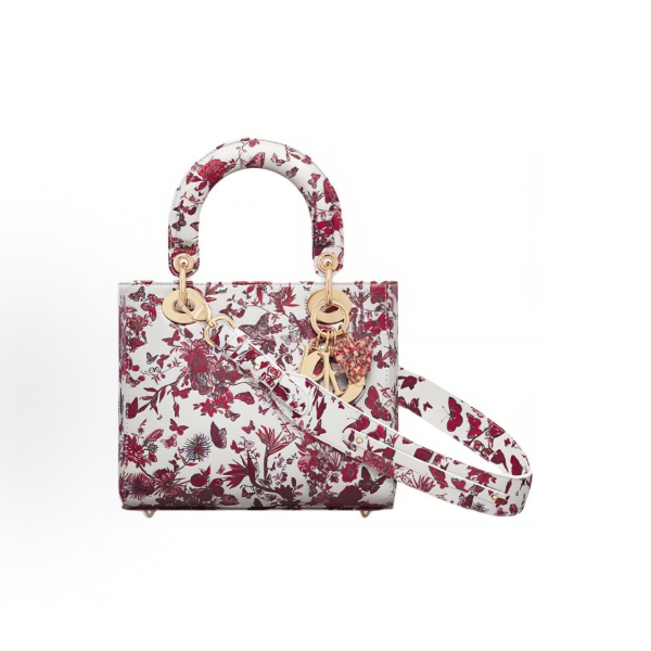 DIOR Lady Dior My ABCDior Adjustable shoulder strap butterfly heart-shaped pendant pattern printed Princess bag, single-shoulder crossbody handbag, small size for women, white and red