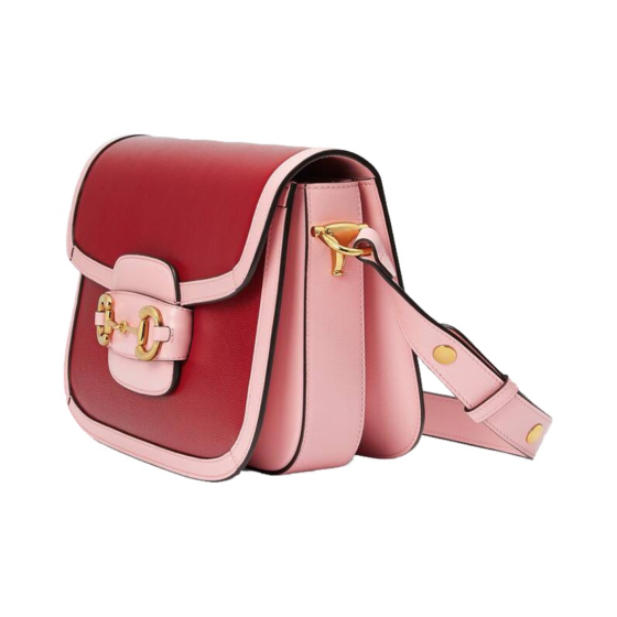 GUCCI 1955 vintage gold buckle with color trim saddle bag, crossbody single-shoulder bag, small size for women, red and pink