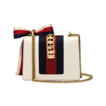 GUCCI Sylvie gold buckle striped webbed satin bow chain Versatile recommendation: Mini women\'s crossbody bag in white