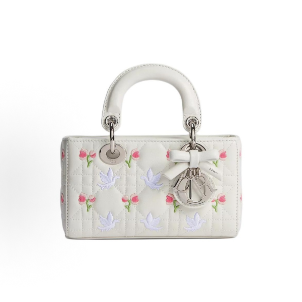 DioramourLady D-Joy, a super mini white handbag with multi-color Doves & Roses pattern embroidery