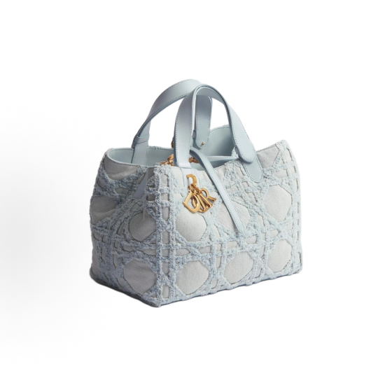 DIOR Toujours three-check rattan embroidery design handbag, medium-sized for women in blue