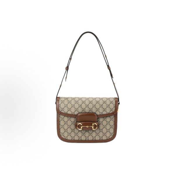 GUCCI Horsebit 1955 monogram Logo saddle bag, hand-held crossbody single-shoulder bag, small size, unisex, ebony color with brown
