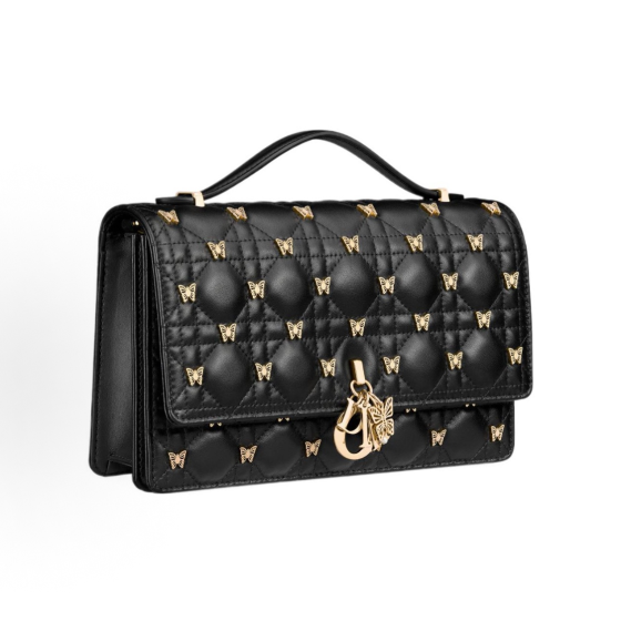 DIOR Miss Dior lettered pendant, detachable and adjustable shoulder strap, butterfly rivet decoration, single-shoulder crossbody handbag, women\'s black style