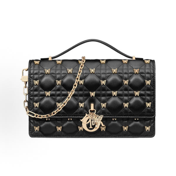 DIOR Miss Dior lettered pendant, detachable and adjustable shoulder strap, butterfly rivet decoration, single-shoulder crossbody handbag, women\'s black style