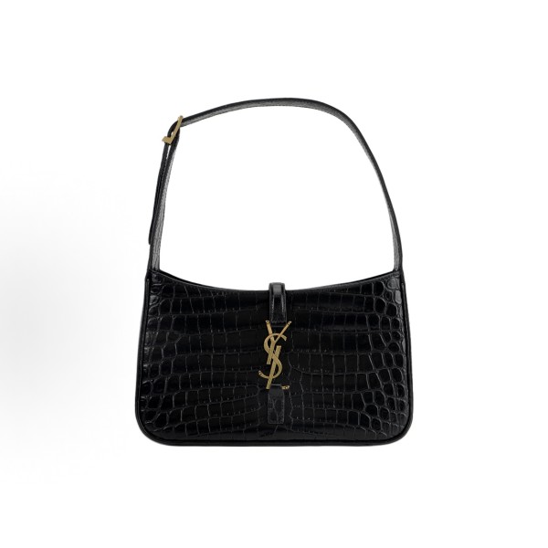 SAINT LAURENT YSL Le 5 A 7 Gold Logo, metal hook buckle opening and closing design, crocodile pattern embossed underarm bag, stray bag, shoulder bag, handbag, black