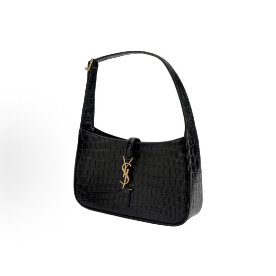 SAINT LAURENT YSL Le 5 A 7 Gold Logo, metal hook buckle opening and closing design, crocodile pattern embossed underarm bag, stray bag, shoulder bag, handbag, black