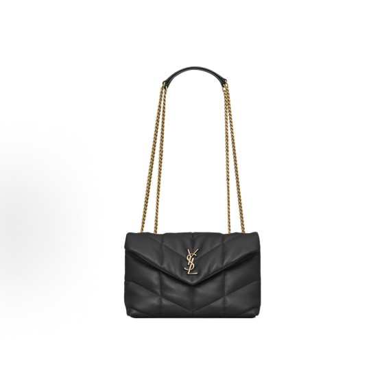 SAINT LAURENT YSL PUFFER, bronze metal accessories, double leather edge chain shoulder strap, hand-held crossbody single-shoulder bag, black