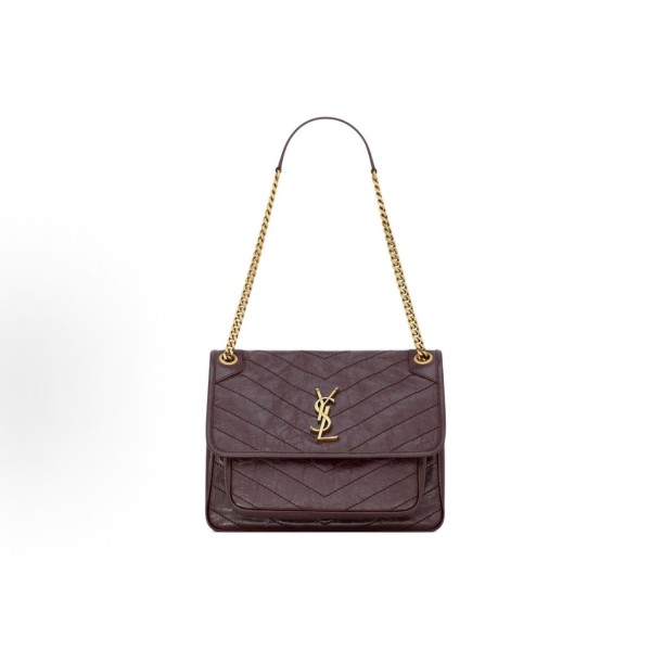SAINT LAURENT YSL Niki brand Logo bronze decorative crossbody single-shoulder bag medium-sized Cabernet Sauvignon red