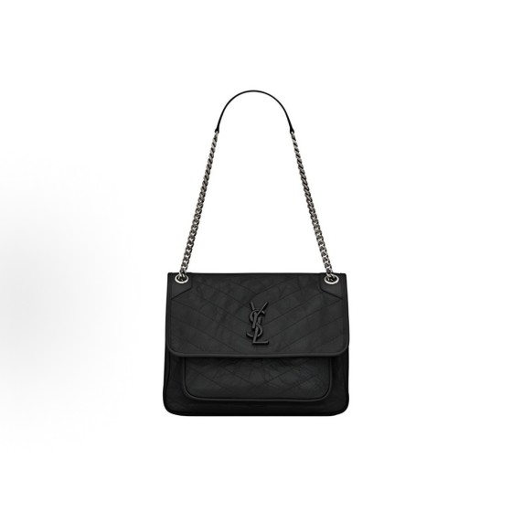 SAINT LAURENT YSL Niki silver chain black Logo retro pleated wandering bag crossbody single-shoulder bag medium size black