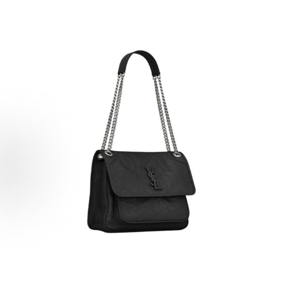 SAINT LAURENT YSL Niki silver chain black Logo retro pleated wandering bag crossbody single-shoulder bag medium size black