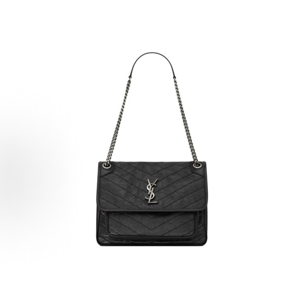 SAINT LAURENT Niki silver label chain quilted design single-shoulder bag, medium size black
