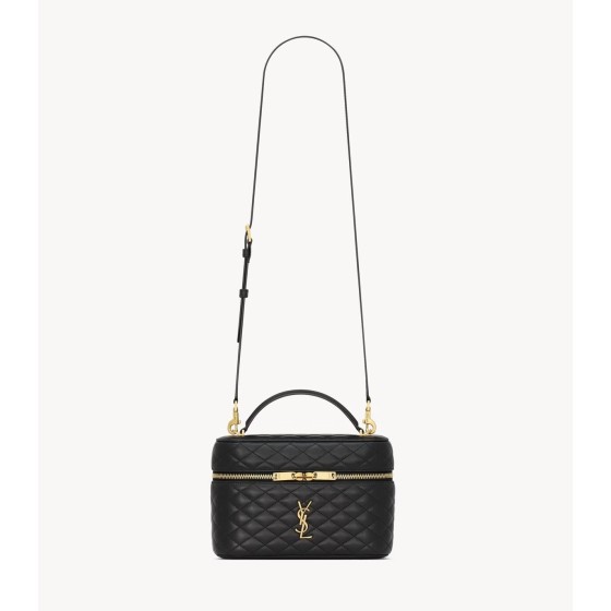 SAINT LAURENT GABY gold hardware brand logo sheepskin cosmetic bag, large black