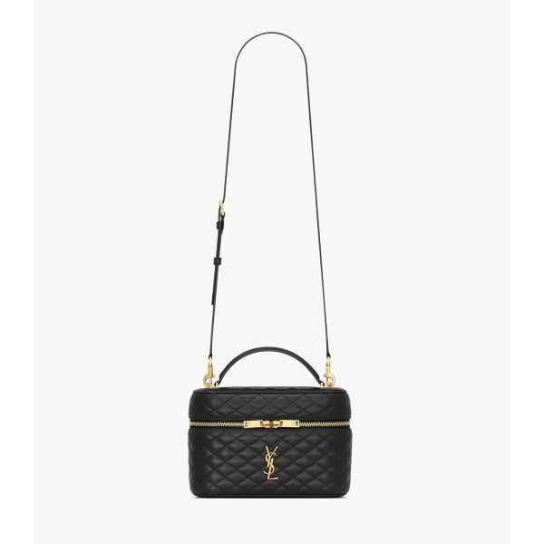 SAINT LAURENT GABY gold hardware brand logo sheepskin cosmetic bag, large black