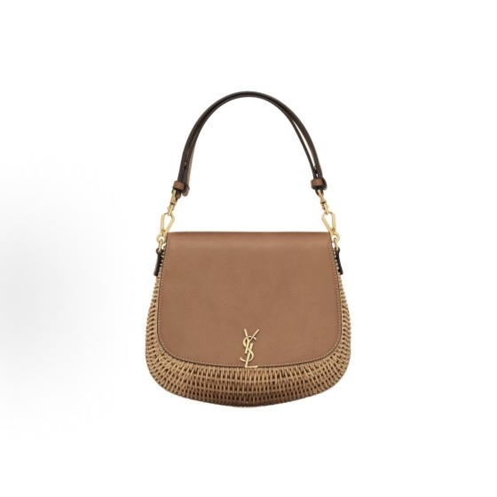 SAINT LAURENT VOLTAIRE Bronze decorative wicker handbag in natural color with brick red