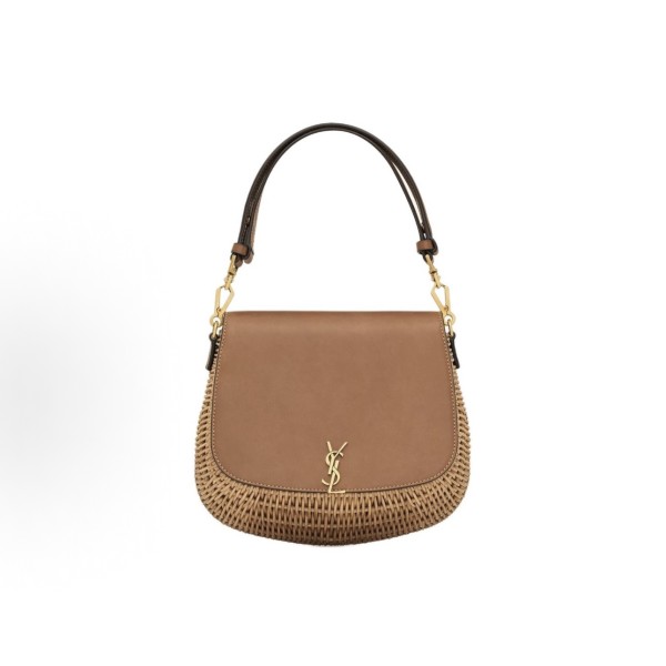 SAINT LAURENT VOLTAIRE Bronze decorative wicker handbag in natural color with brick red