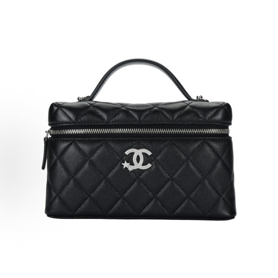 CHANEL 25B Star Series brand Logo water diamond leather chain grain material silver chain hand-held cosmetic bag black