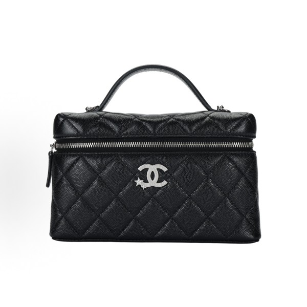 CHANEL 25B Star Series brand Logo water diamond leather chain grain material silver chain hand-held cosmetic bag black