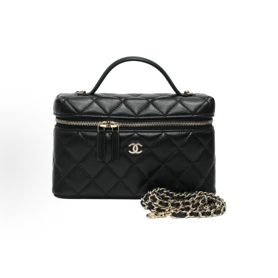 CHANEL 25C gold buckle diamond-shaped leather chain, brand logo, zipper opening and closing, single-shoulder crossbody handbag, black