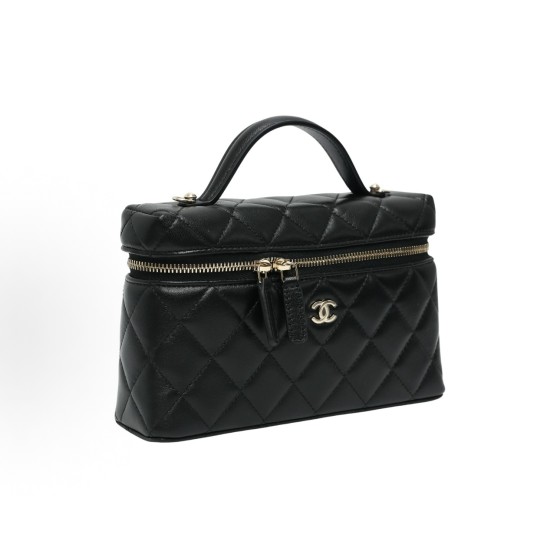 CHANEL 25C gold buckle diamond-shaped leather chain, brand logo, zipper opening and closing, single-shoulder crossbody handbag, black