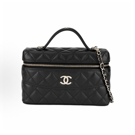 CHANEL 26C Gold buckle diamond-shaped checkered quilted double C lock leather chain cosmetic bag, grain cowhide material, gold metal crossbody handbag, black