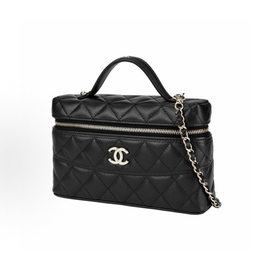CHANEL 26C Gold buckle diamond-shaped checkered quilted double C lock leather chain cosmetic bag, grain cowhide material, gold metal crossbody handbag, black